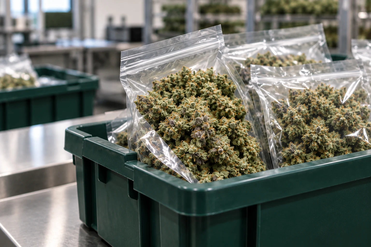 Sealed wholesale cannabis flower in reusable commercial harvest totes
